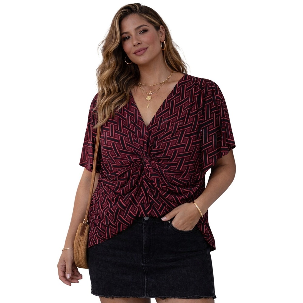 New York & Company Blouse Womens Large Red Black Geometric‎ Twist Front Top